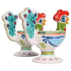 Pair of Hand Painted Vintage Italian Ceramic Rooster Compotes/Vases by De Simone