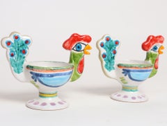 Pair of Hand Painted Vintage Italian Ceramic Rooster Compotes/Vases by De Simone