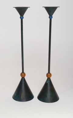 Pair of Milano Series Verdigris Bronze Candle Holders by Christian de Beaumont