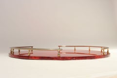 Large Italian Modernist Round Tray in Brass and Dyed Red Goatskin by Aldo Tura