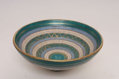 Large Teal and Gilt Ceramic "Seta" Pedestal Bowl by Aldo Londi for Bitossi Italy