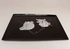 Large Mid-Century Black Resin Inlaid Wall Street Bull and Bear Tray by Couroc