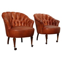 Vintage Chesterfield Style Tufted Barrel Back Tub Club Chairs on Caster Wheels
