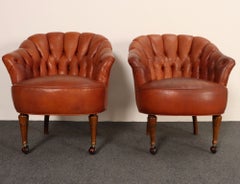 Vintage Chesterfield Style Tufted Barrel Back Tub Club Chairs on Caster Wheels