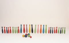 Vintage Folk Art 34-Piece Colorful Wooden Skittles Table Bowling Set with Balls