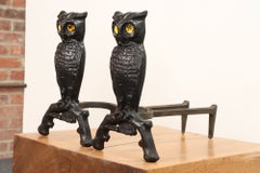 Vintage Cast Iron Owl Andirons with Yellow / Amber Blown Glass Eyes