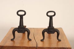 Pair of Antique Petite Arts and Crafts Cast Iron Key Hole Andirons / Fire Dogs