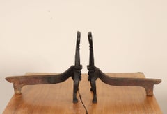 Pair of Antique Petite Arts and Crafts Cast Iron Key Hole Andirons / Fire Dogs