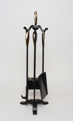 Vintage Petite Four-Piece Iron Fireplace / Fire Tool Set with Brass Loop Handles