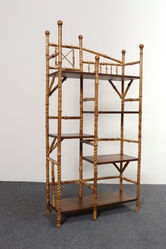 Antique Aesthestic Movement Burnt Bamboo and Brass Five Shelf Etagere Bookcase