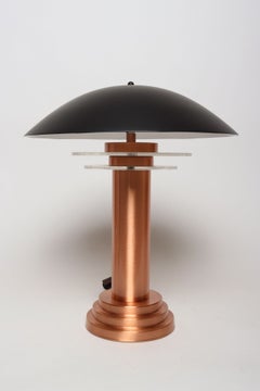 Art Deco Copper / Aluminum Column Dual Socket Table Lamp with Black Dome Shade