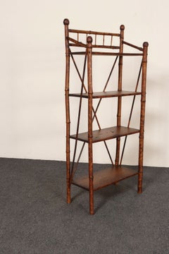 English Victorian Scorched Bamboo Four Shelf Curio / Etagere / Bookshelf