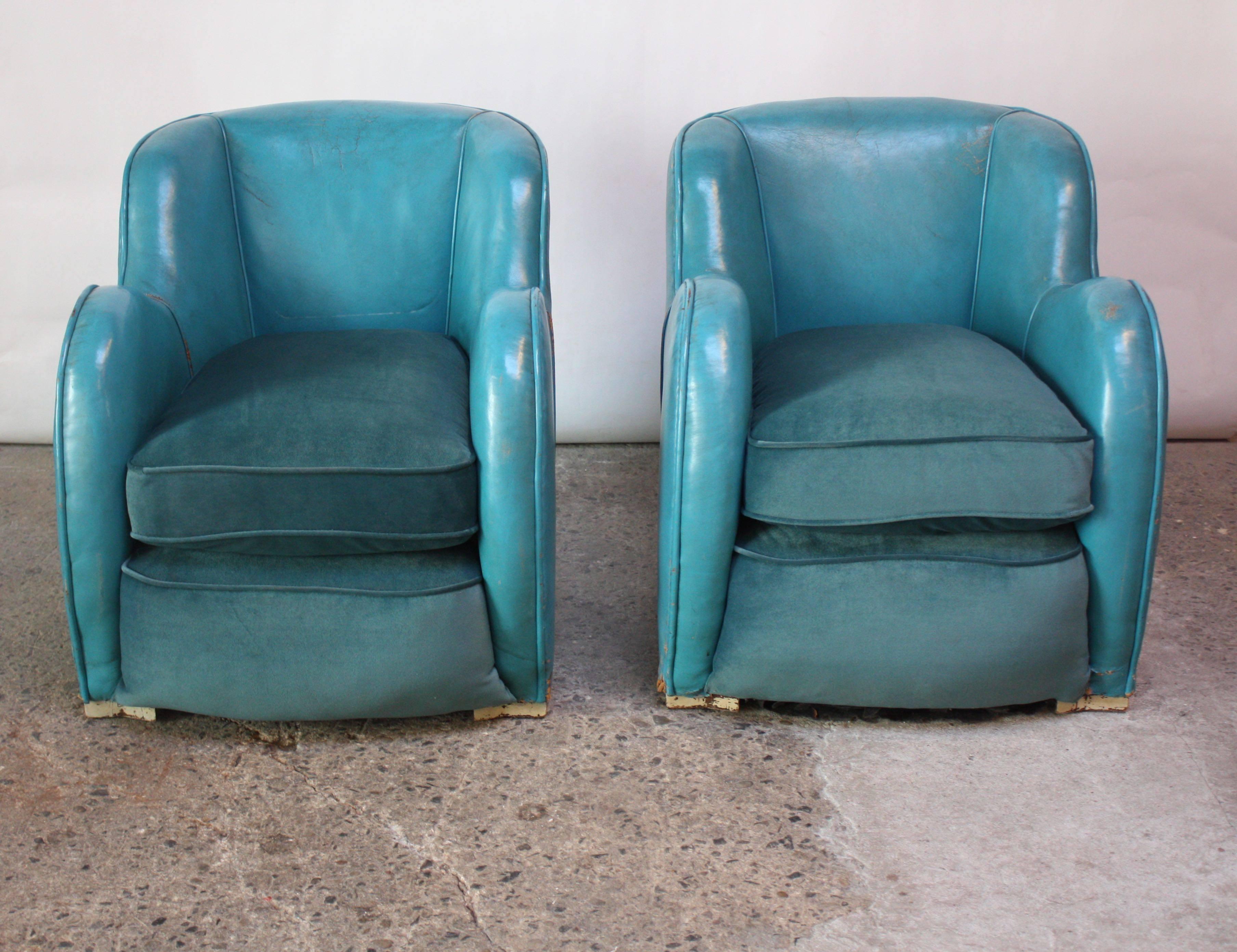 Scandinavian Deco Club Chairs in Blue Leather and Velvet In Good Condition In Brooklyn, NY