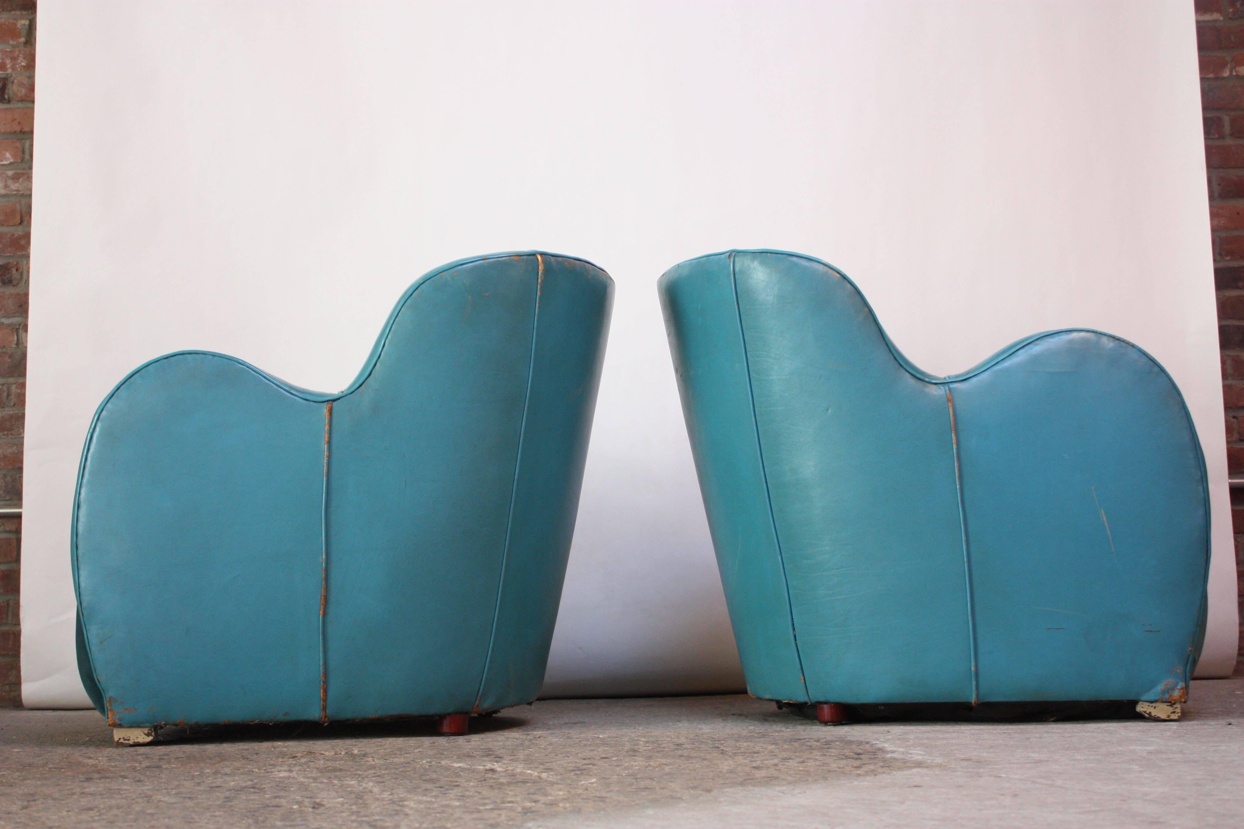 Art Deco Scandinavian Deco Club Chairs in Blue Leather and Velvet