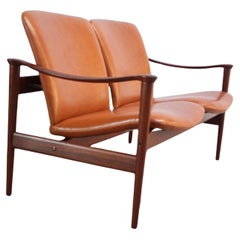 Retro Norwegian Modern Loveseat in Leather and Teak by Fredrik Kayser 