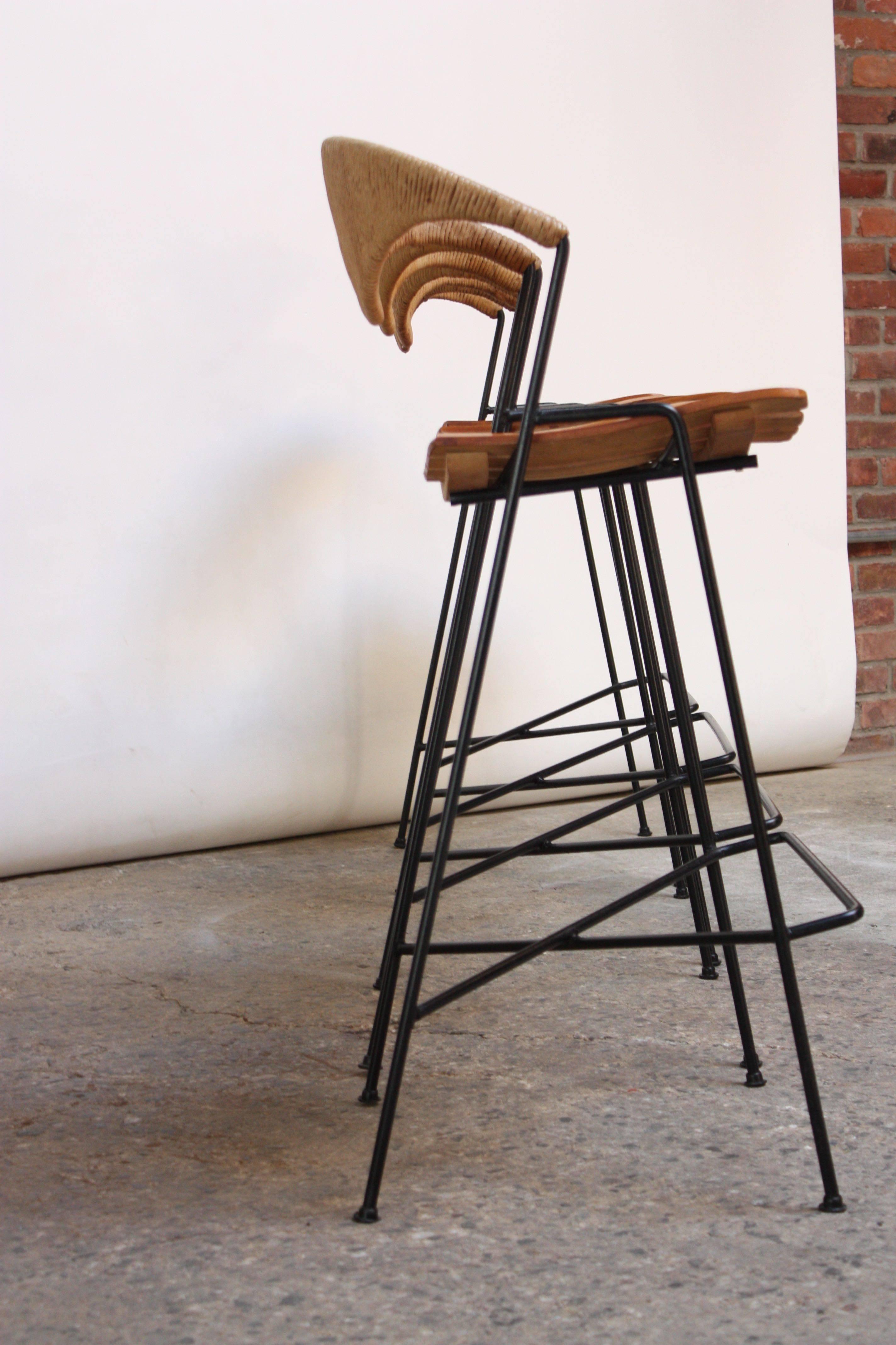 American Set of Four Rush and Iron Stools by Arthur Umanoff for Raymor