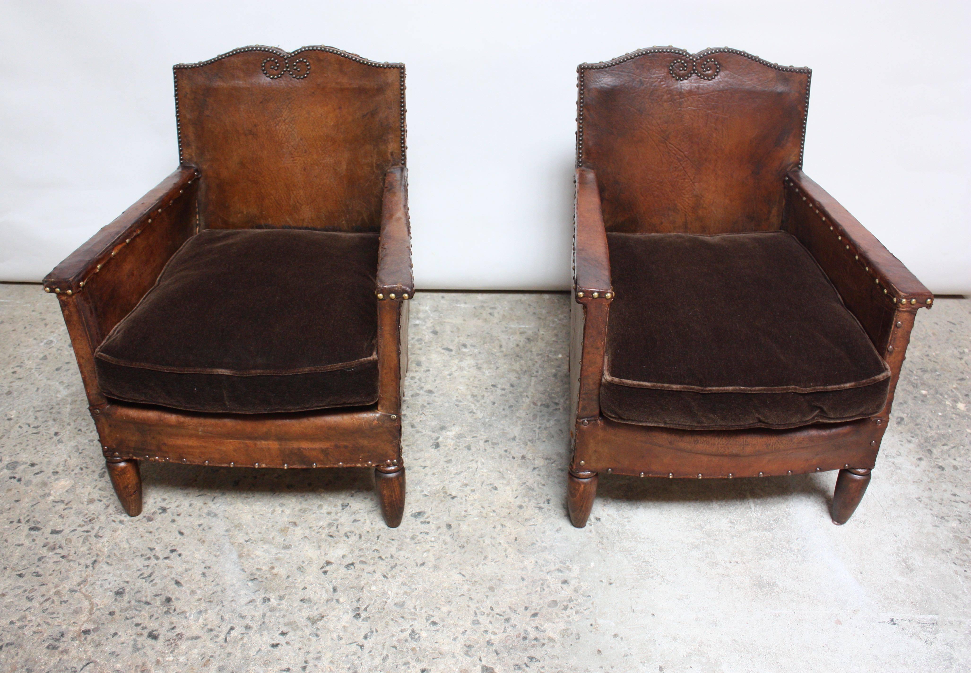 Pair of Diminutive French Leather Club Chairs In Distressed Condition In Brooklyn, NY