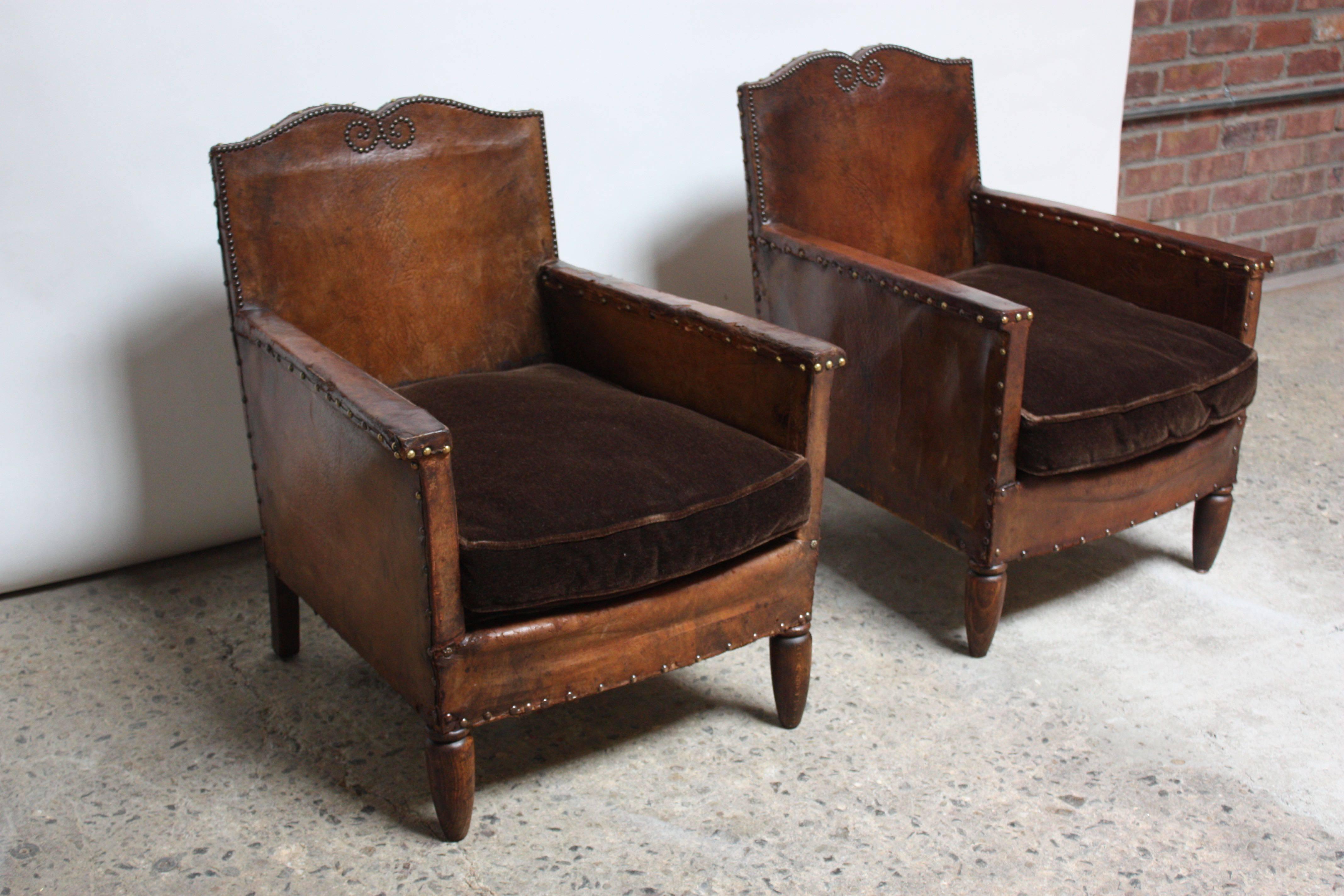 Art Deco Pair of Diminutive French Leather Club Chairs