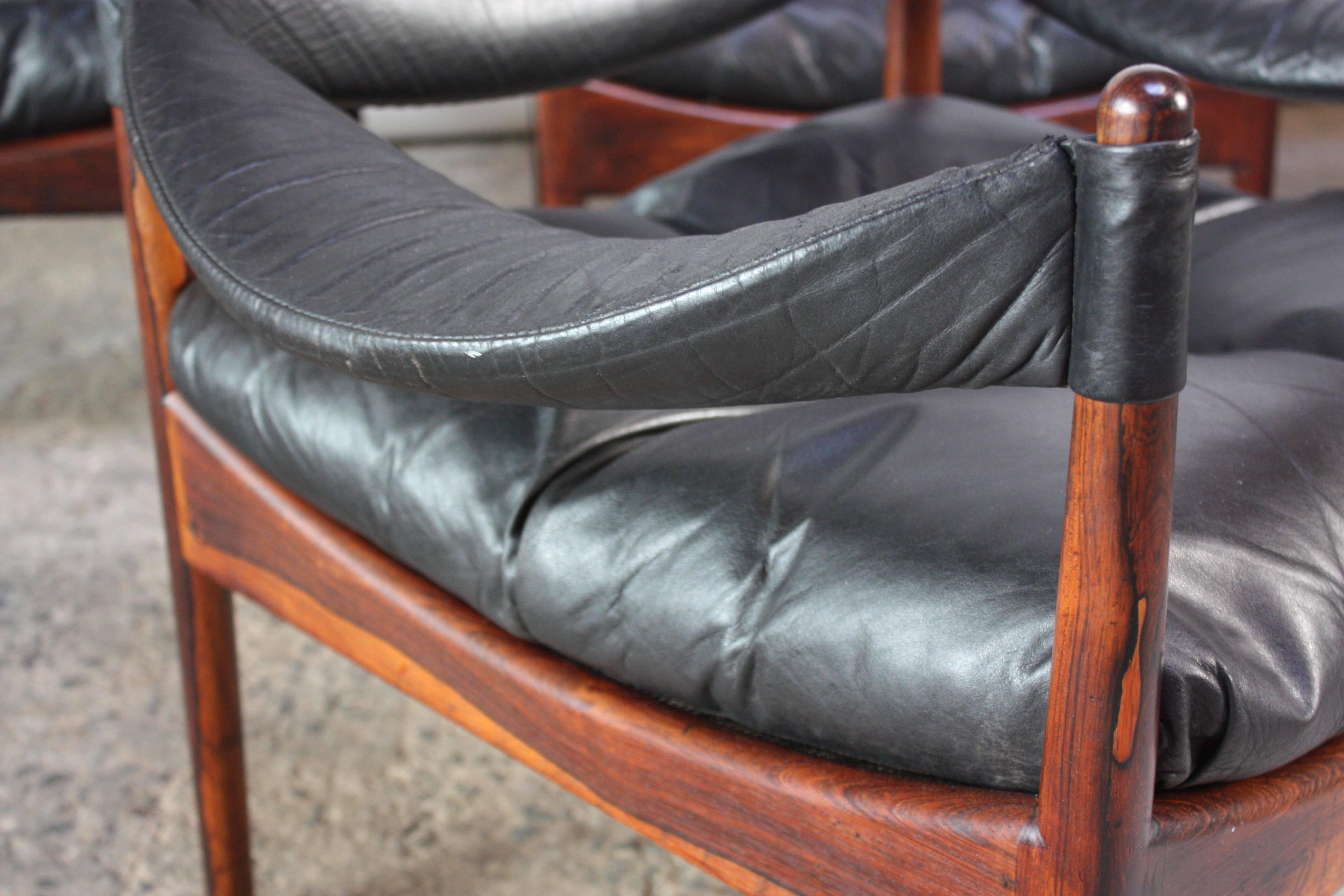Leather Set of Four Kristian Solmer Vedel 'Modus' Rosewood Lounge Chairs