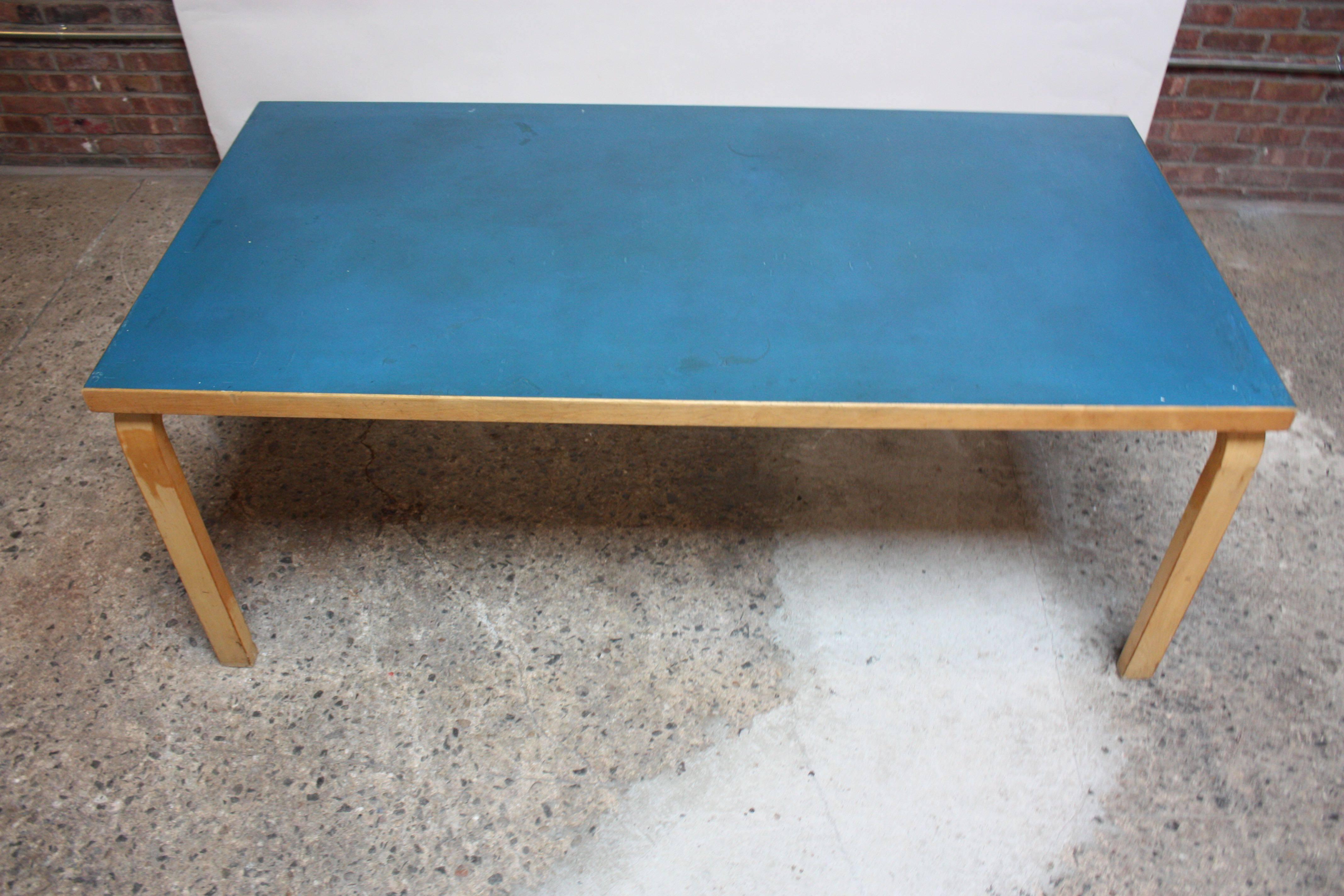 Finnish Alvar Aalto Birch Dining or Writing Table with Blue Top and Cabinet