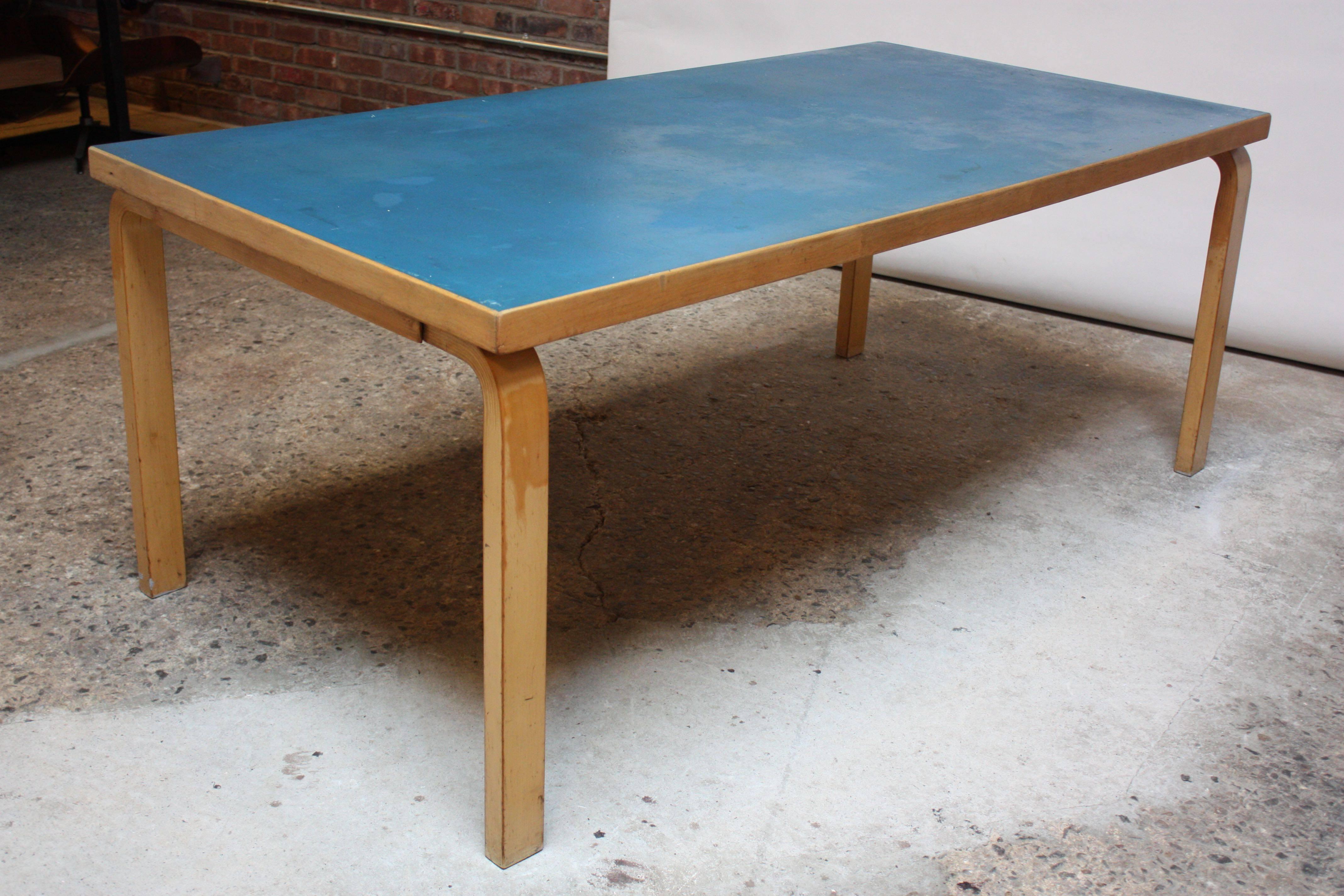 Mid-Century Modern Alvar Aalto Birch Dining or Writing Table with Blue Top and Cabinet