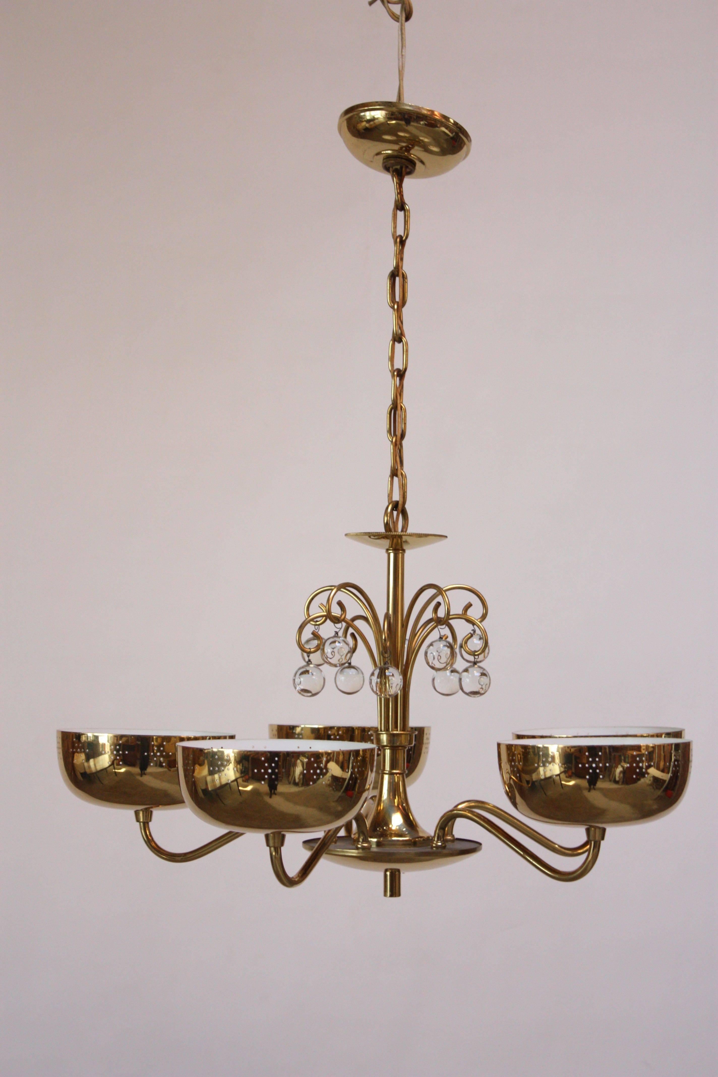 Mid-Century Modern Midcentury Brass Five-Fixture Chandelier with Perforated Shades For Sale