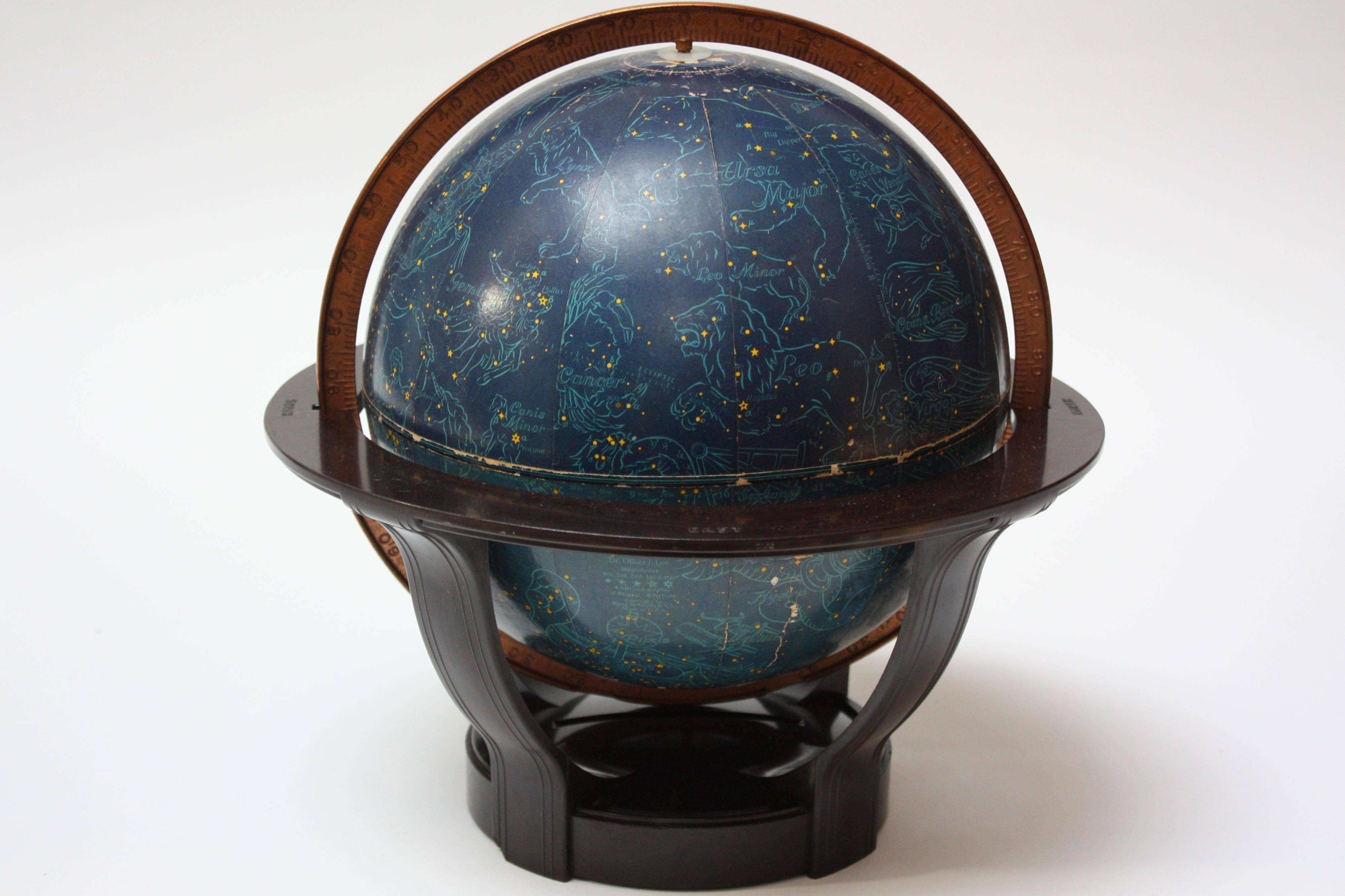 This unique Celestial globe was designed by Rand McNally in the 1940s and edited by Dr. Oliver J. Lee (as indicated on the globe itself). It depicts mythological zodiac characters and traditional constellations as light blue outlined figures and