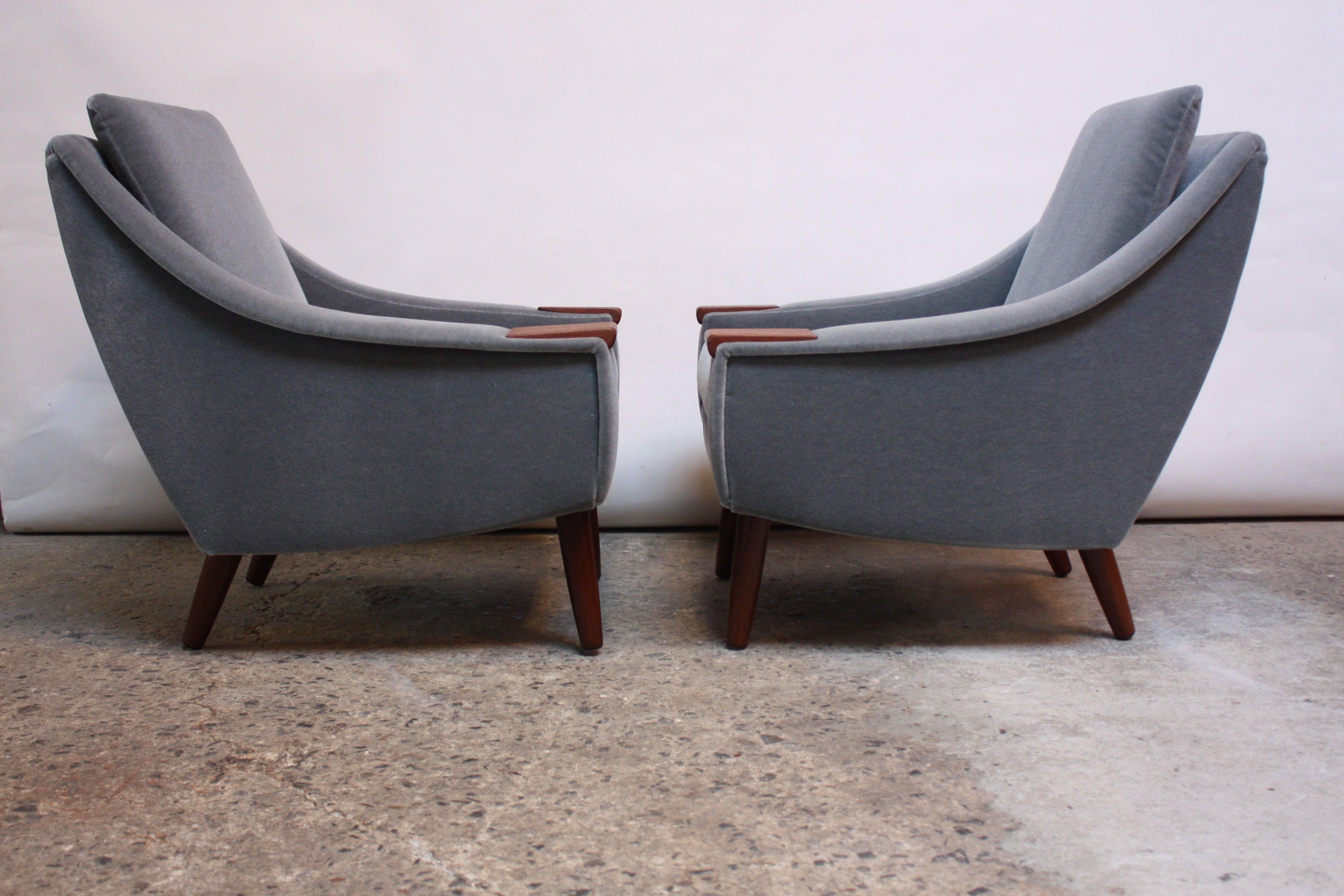 Pair of Danish Modern Teak and Mohair Lounge Chairs 1