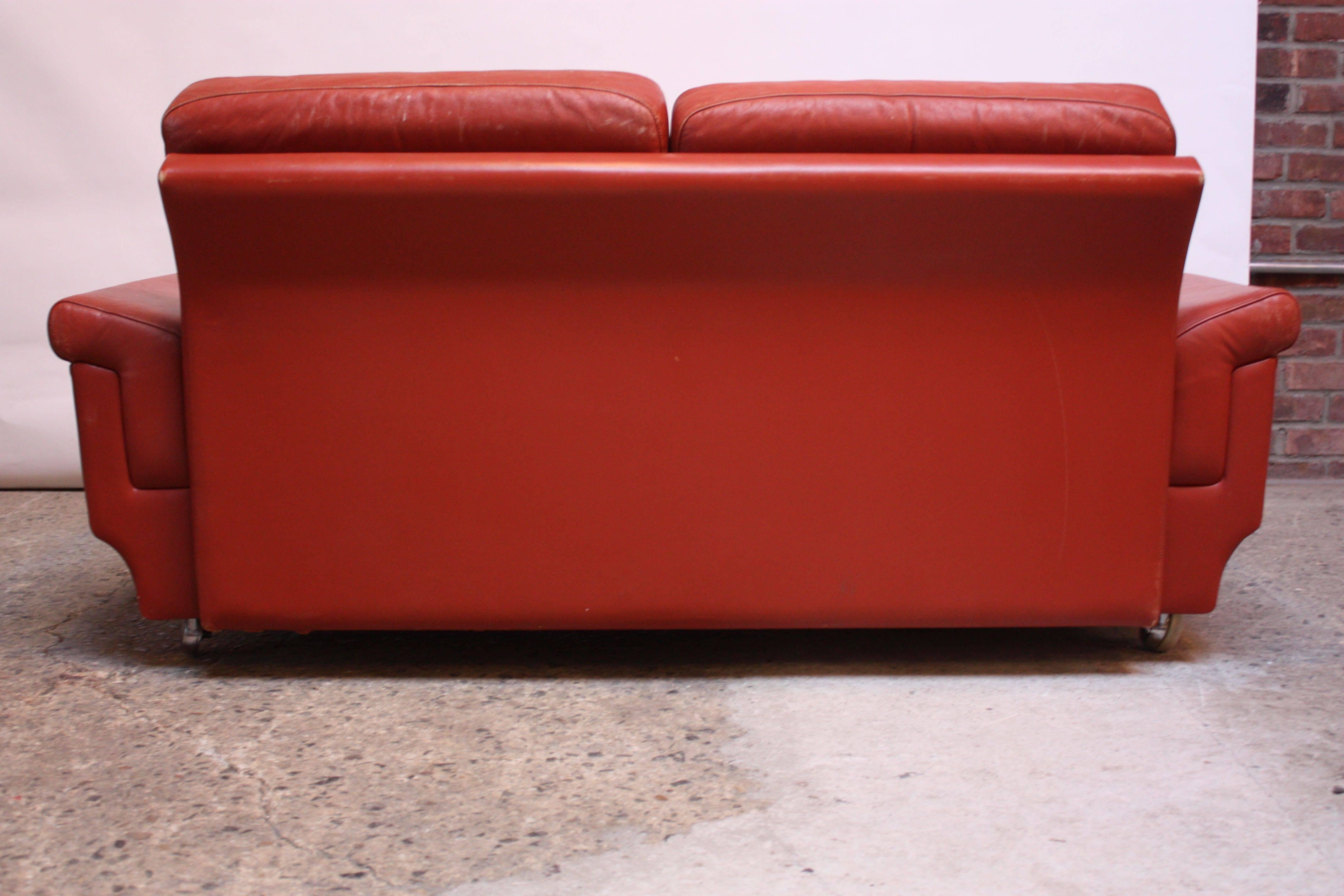 Late 20th Century Danish Modern Loveseat in Coral Leather