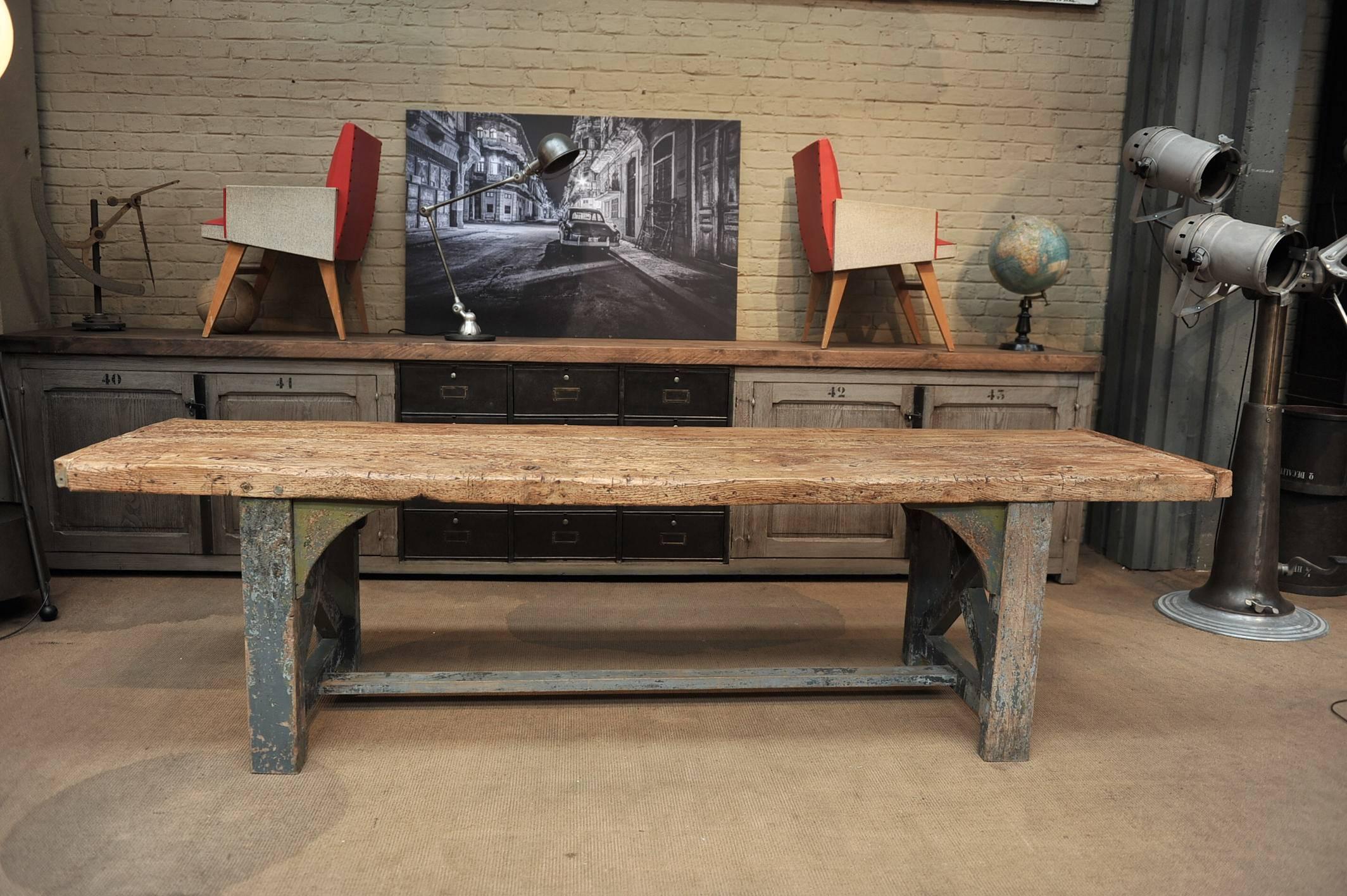 Industrial French 1900 Primitive Long Work Table Original Color