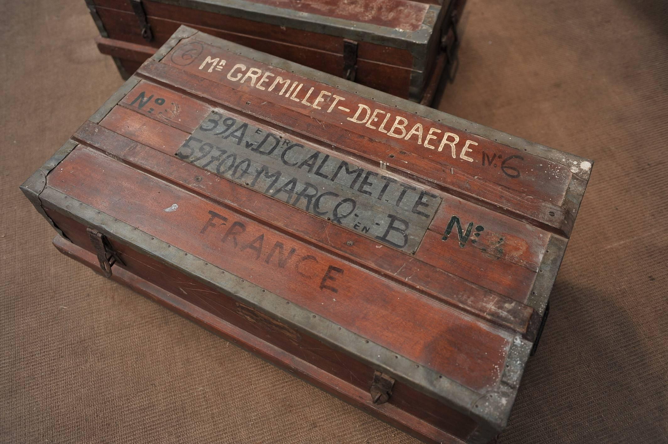 One to three French mahogany travel trunk, circa 1920s. 