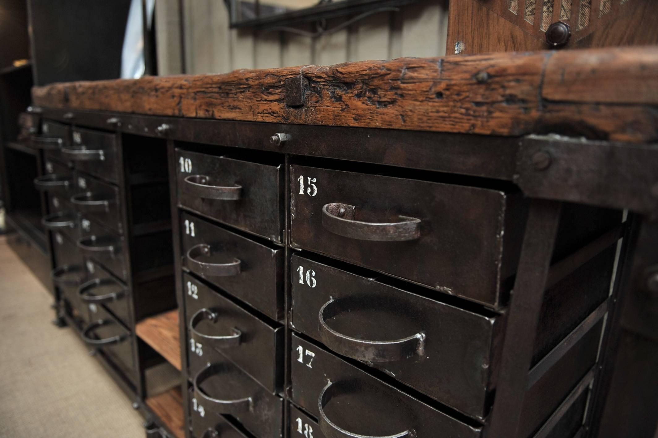 Industrial Iron and Pine French Factory Drawer Workbench 1920s 1