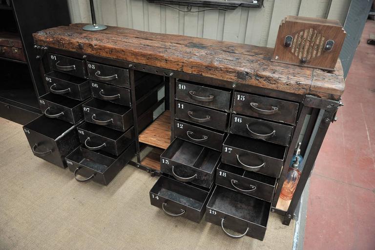 Industrial Iron and Pine French Factory Drawer Workbench 