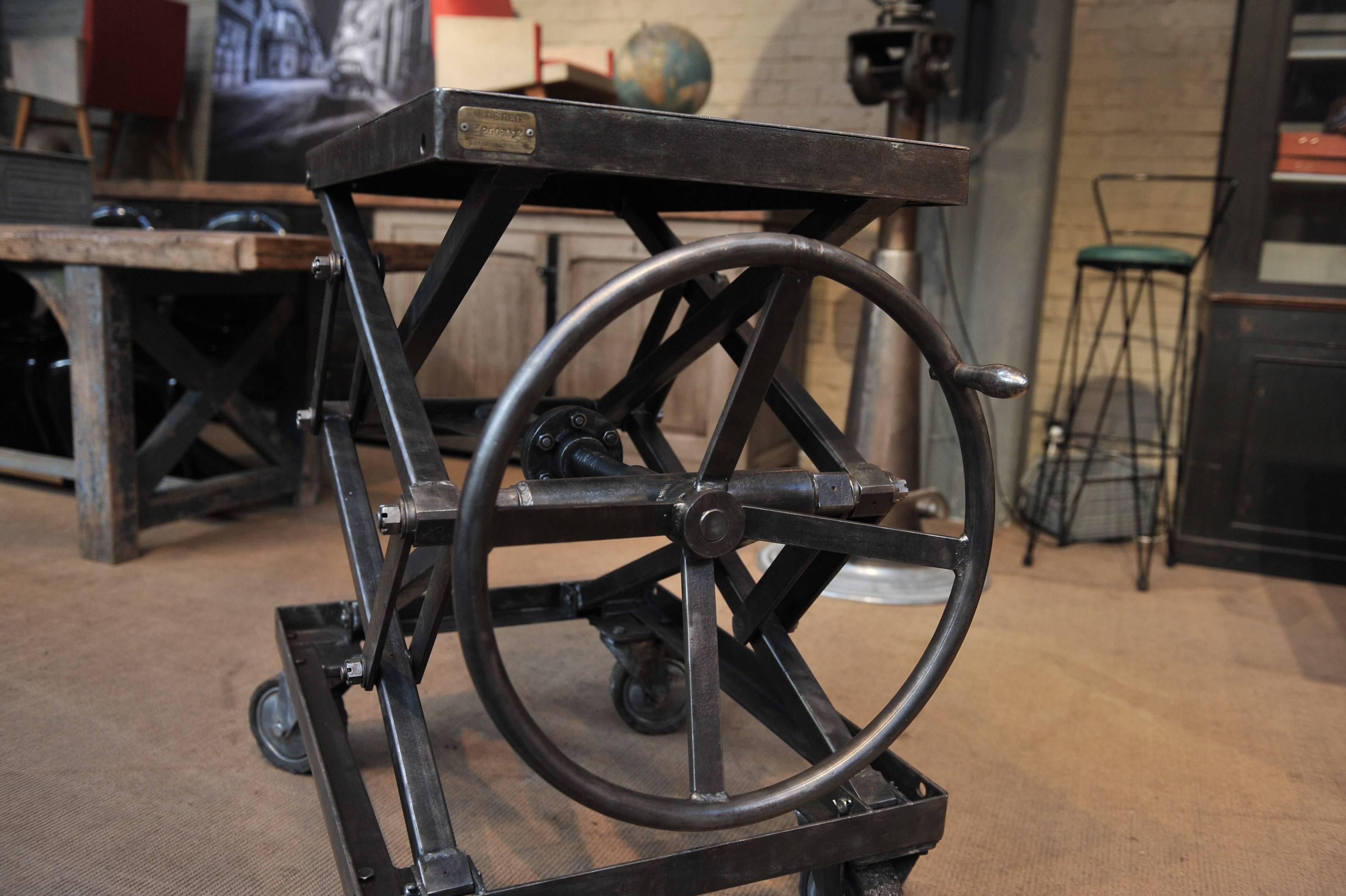 Mid-20th Century Industrial Iron Adjustable Rising Table on Wheels