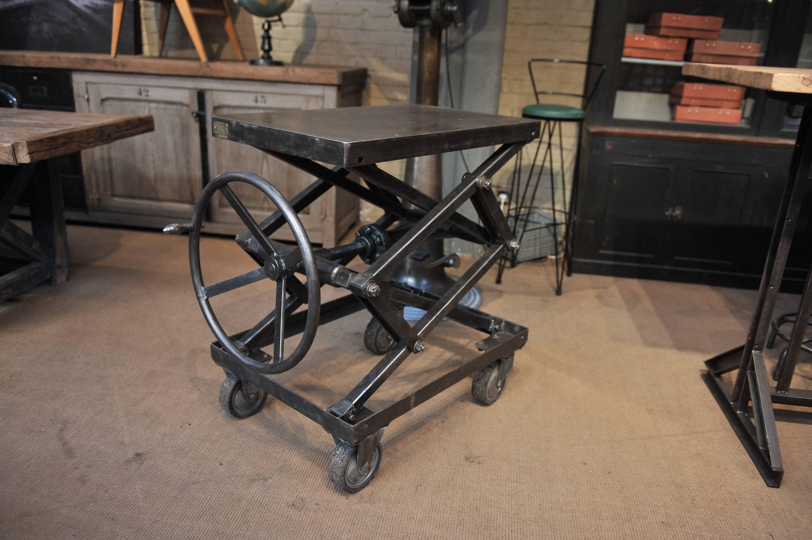 Industrial Iron Adjustable Rising Table on Wheels 1