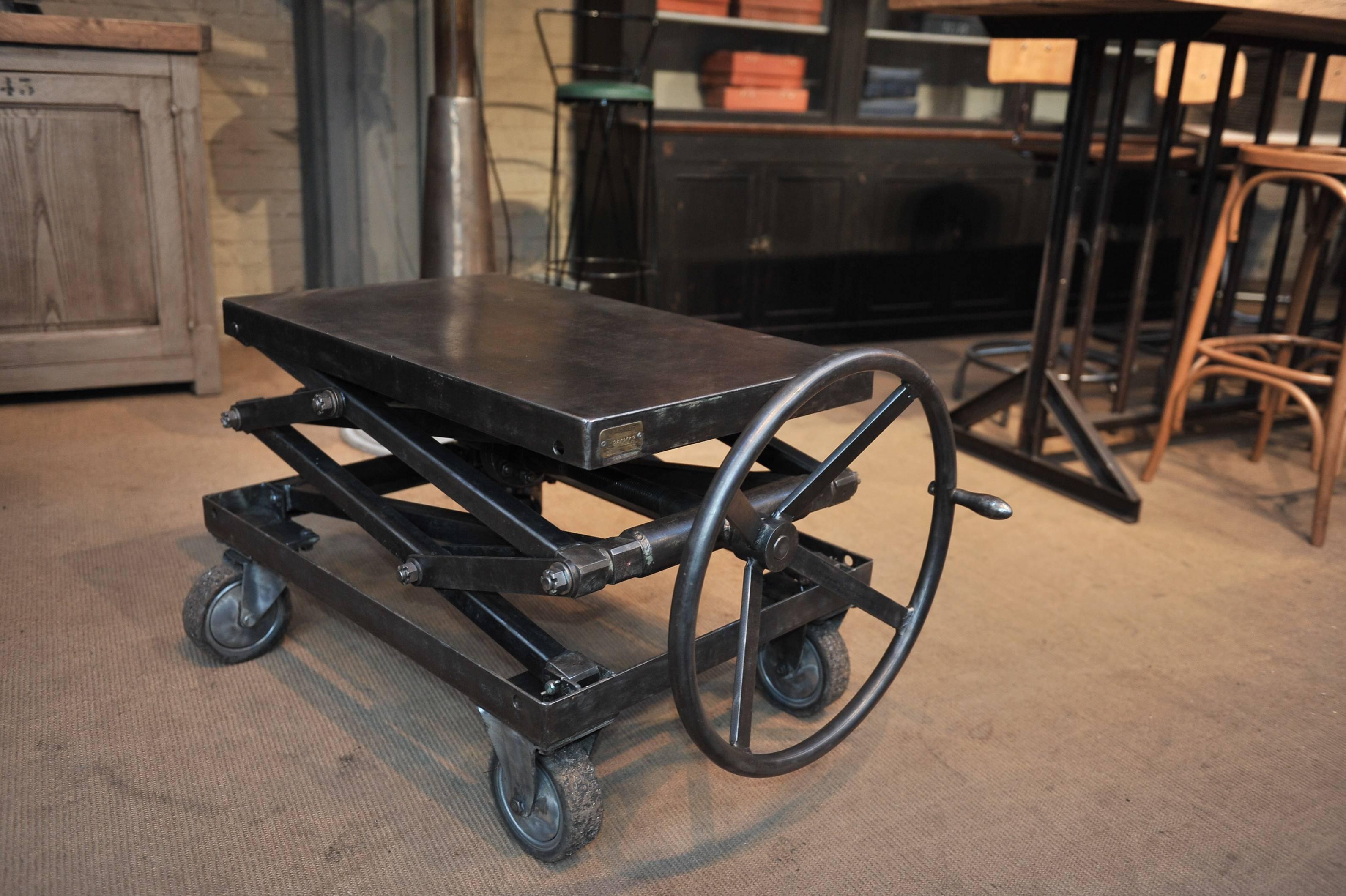 French Industrial Iron Adjustable Rising Table on Wheels
