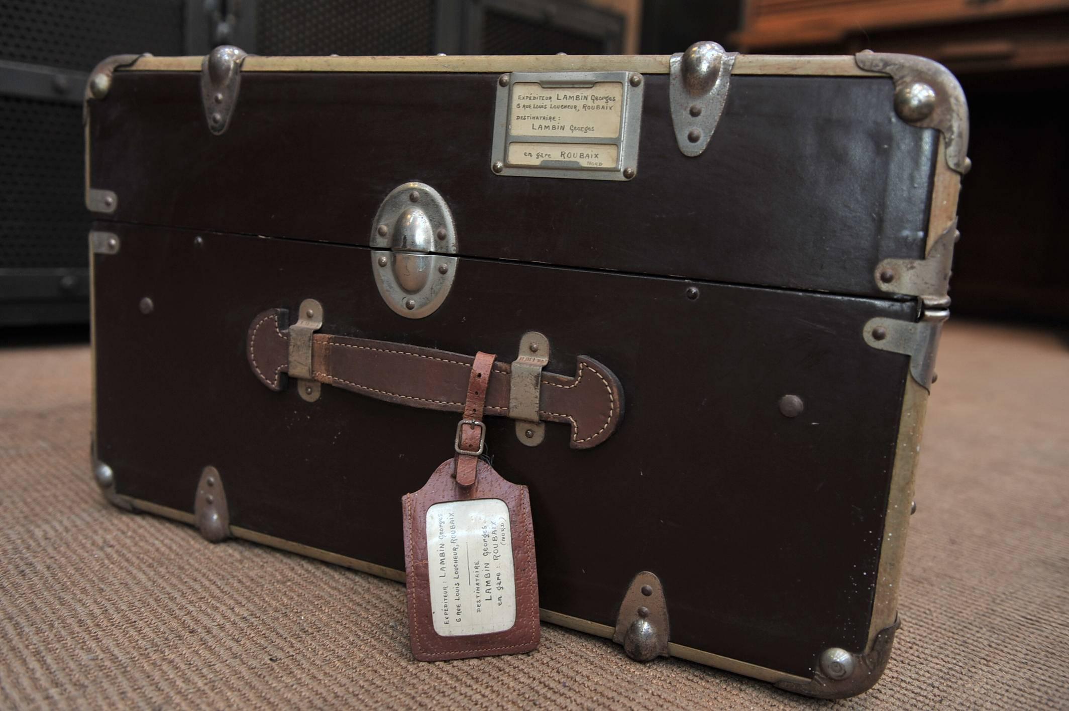 French traveling suitcase luggage with all original owner tags, exceptional condition, circa 1930.