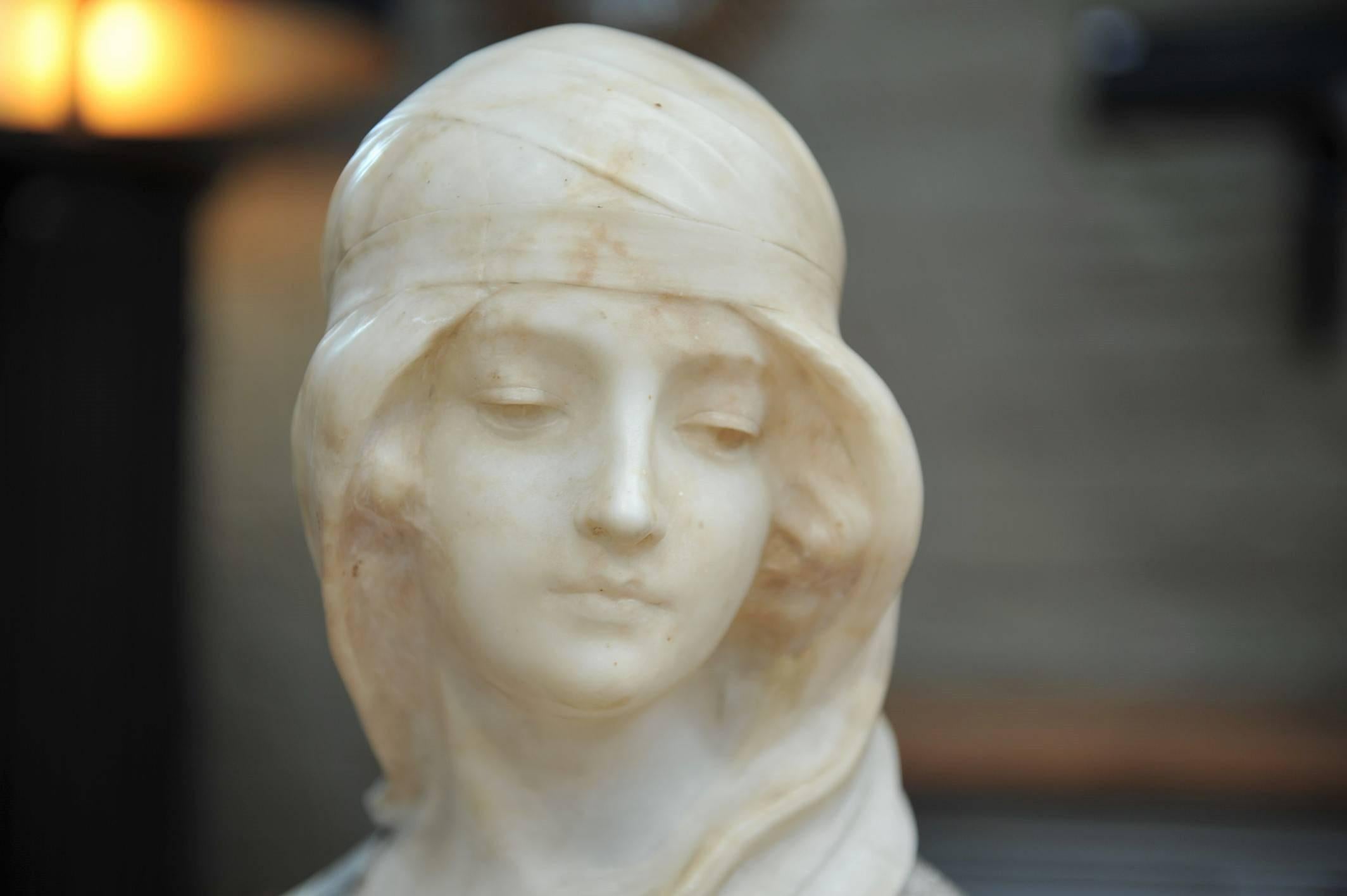 Italian Alabaster and Marble Woman Bust Statue by Guglielmo Pugi, circa 1900
