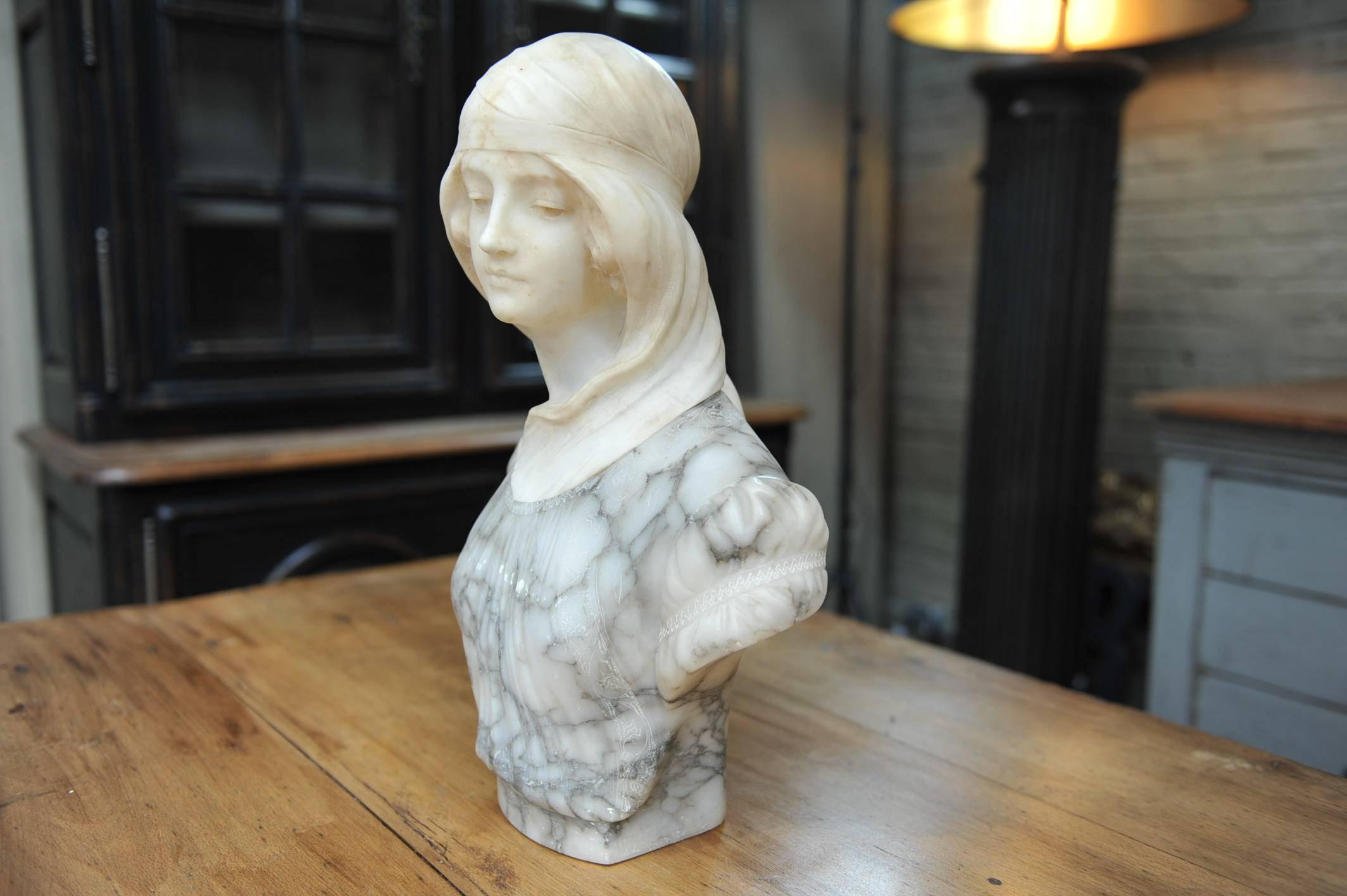 Art Nouveau Alabaster and Marble Woman Bust Statue by Guglielmo Pugi, circa 1900