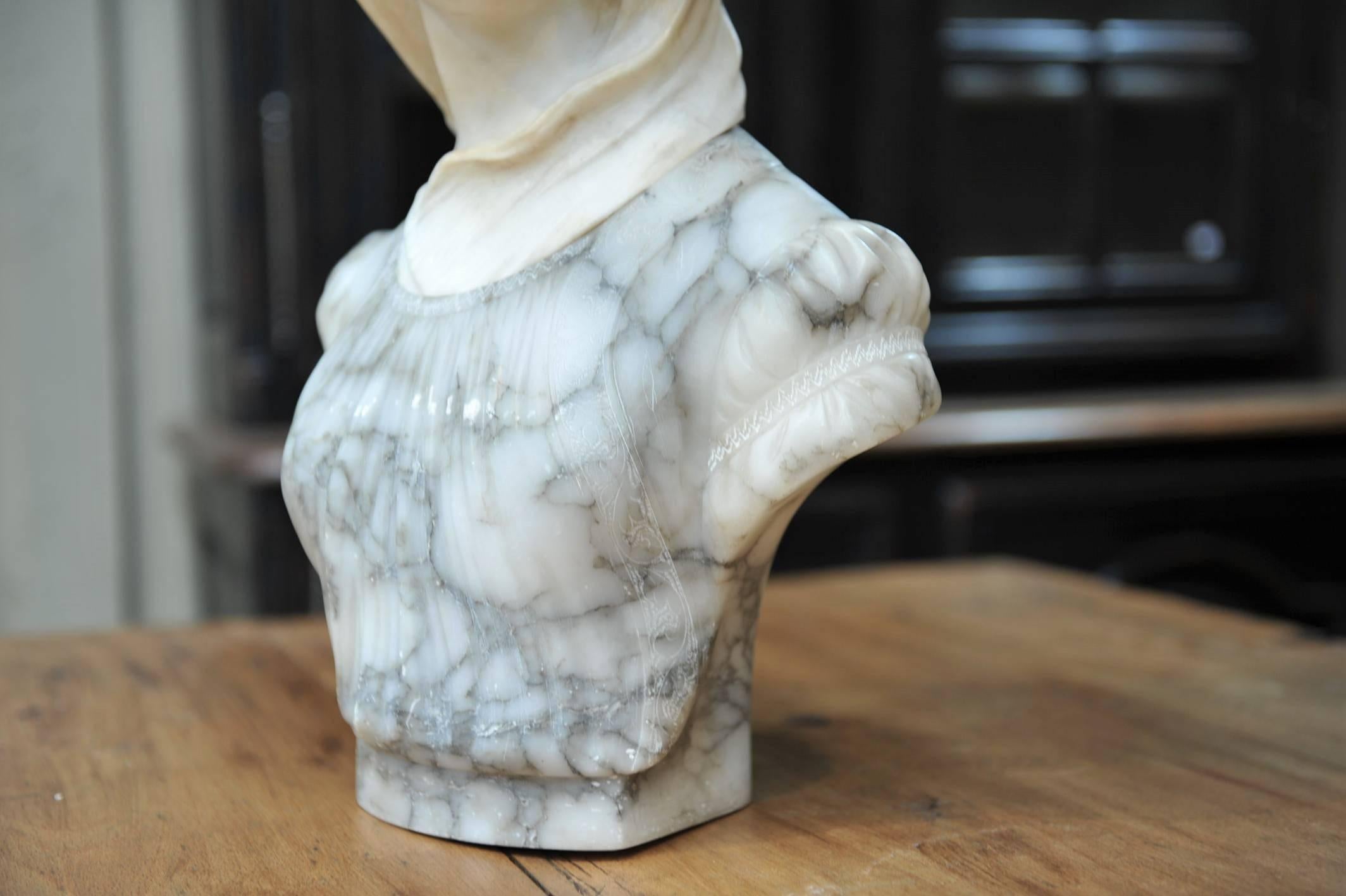 19th Century Alabaster and Marble Woman Bust Statue by Guglielmo Pugi, circa 1900