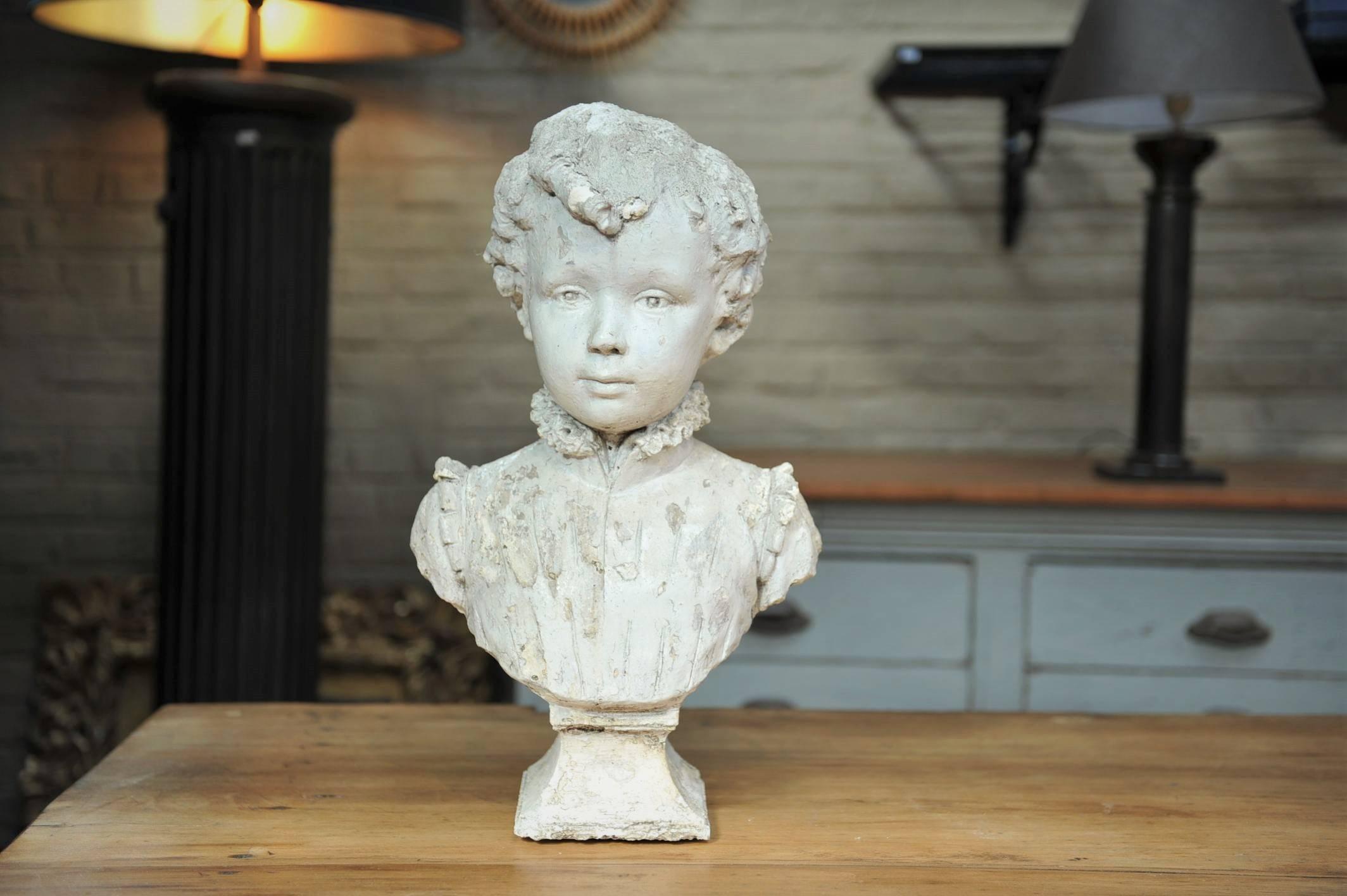 French plaster bust boy statue all original patina, late 19th century.