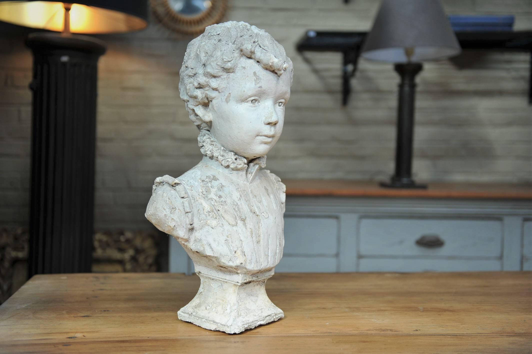 19th Century French Plaster Bust Boy Statue 1