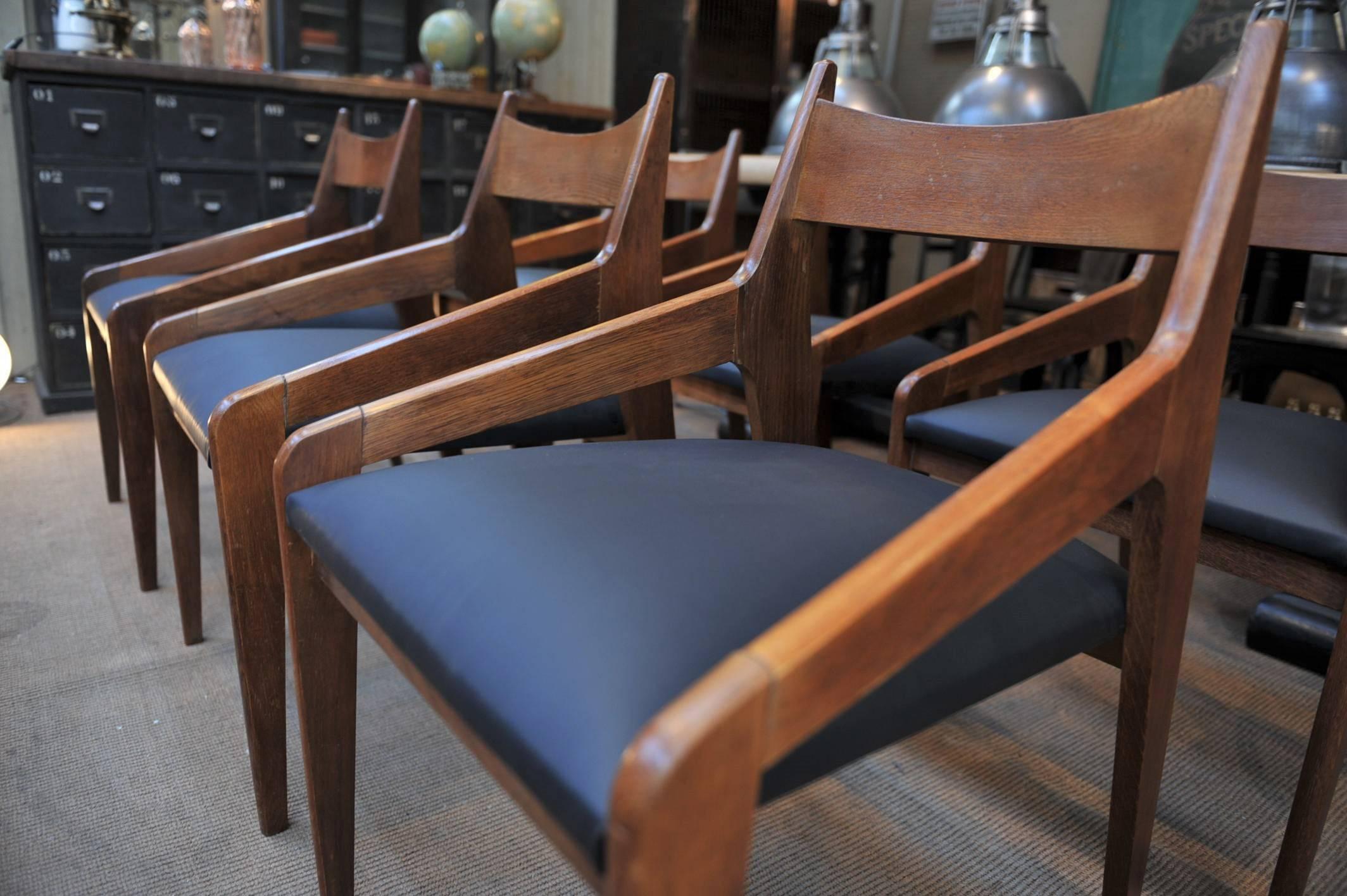 Set of Six Scandinavian Design Oak Chairs Black Leather Seat, circa 1960 3