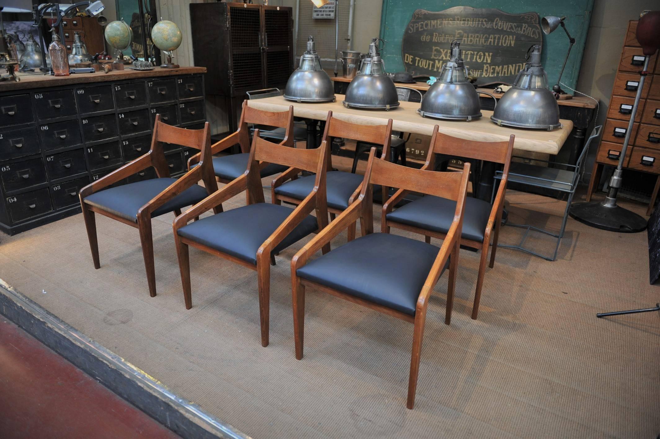 Set six design Mid-Century solid oak Scandinavian chairs black leather seat newly reupholstered very stable. All in excellent condition.