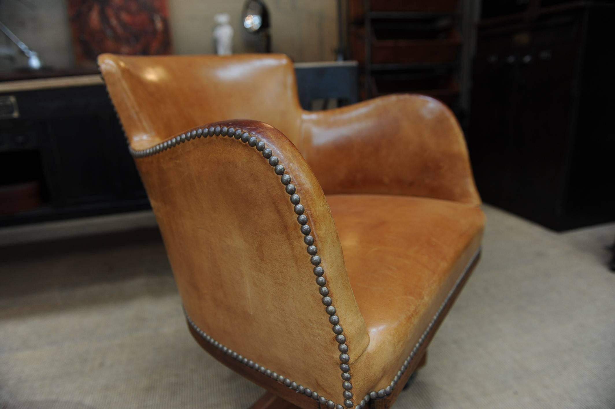 French 1900 Turning Desk Leather Swiveling Armchair