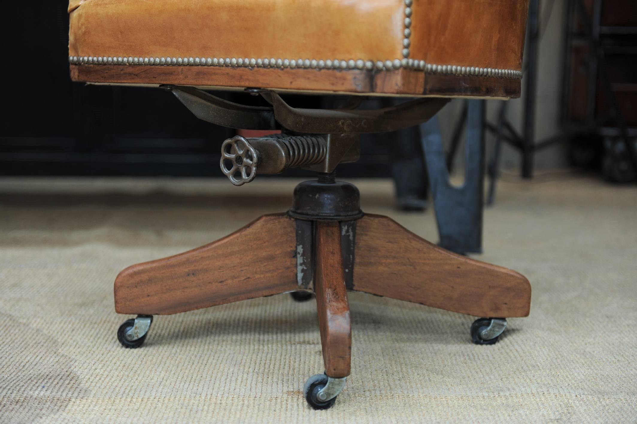 Iron 1900 Turning Desk Leather Swiveling Armchair