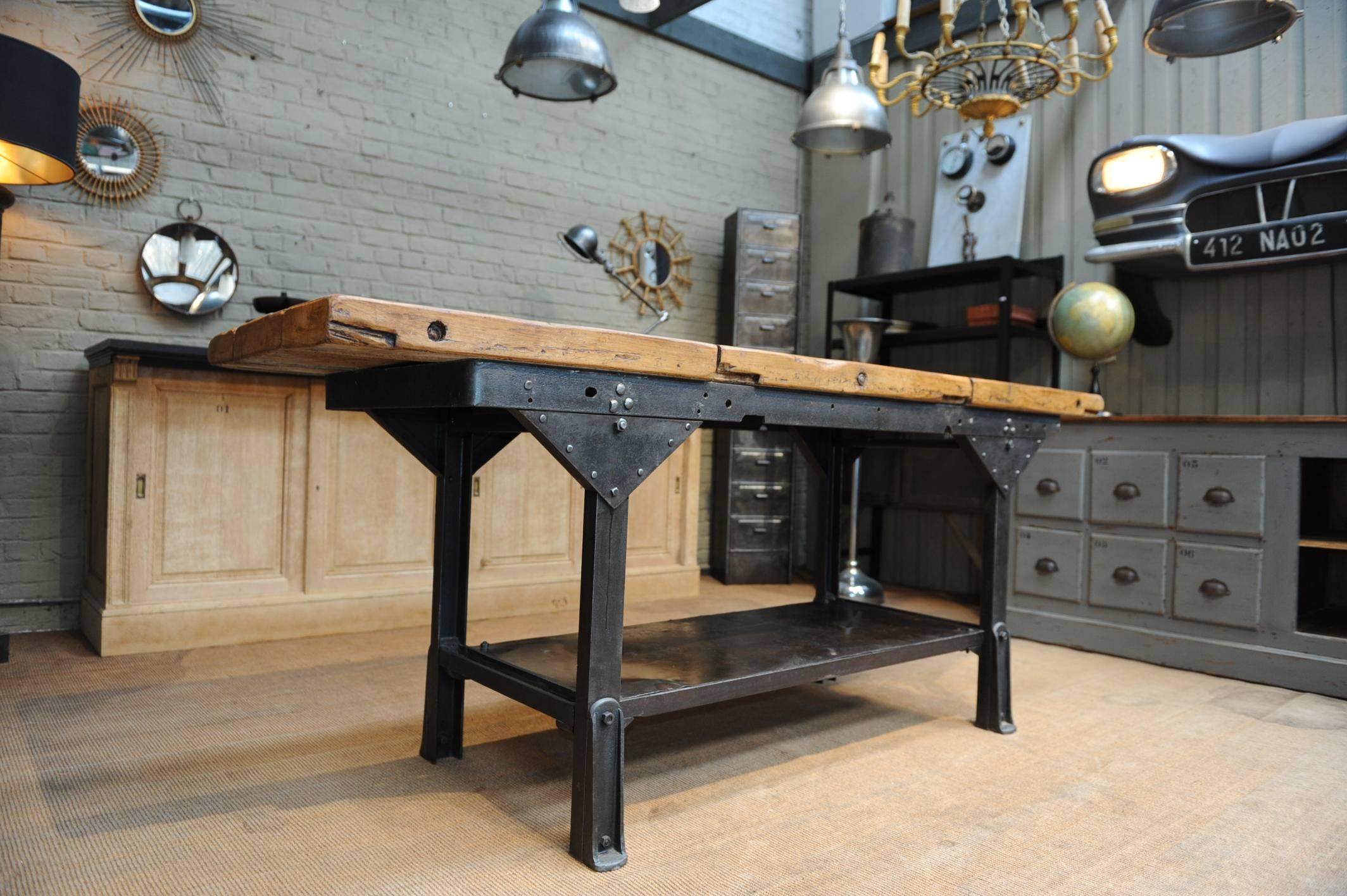 Industrial French Factory Iron and Wood Console Table, circa 1920 2