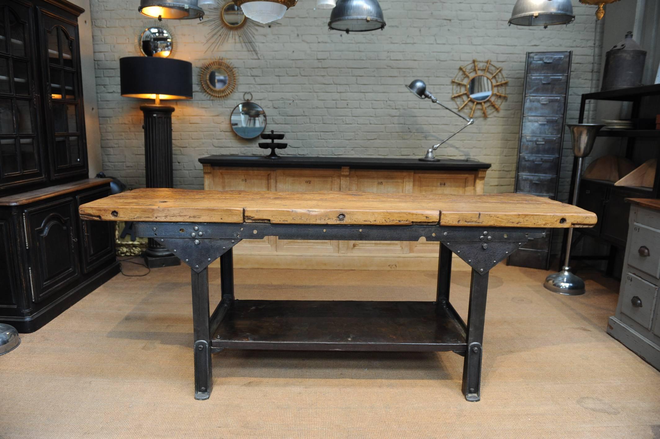 Industrial French Factory Iron and Wood Console Table, circa 1920 3