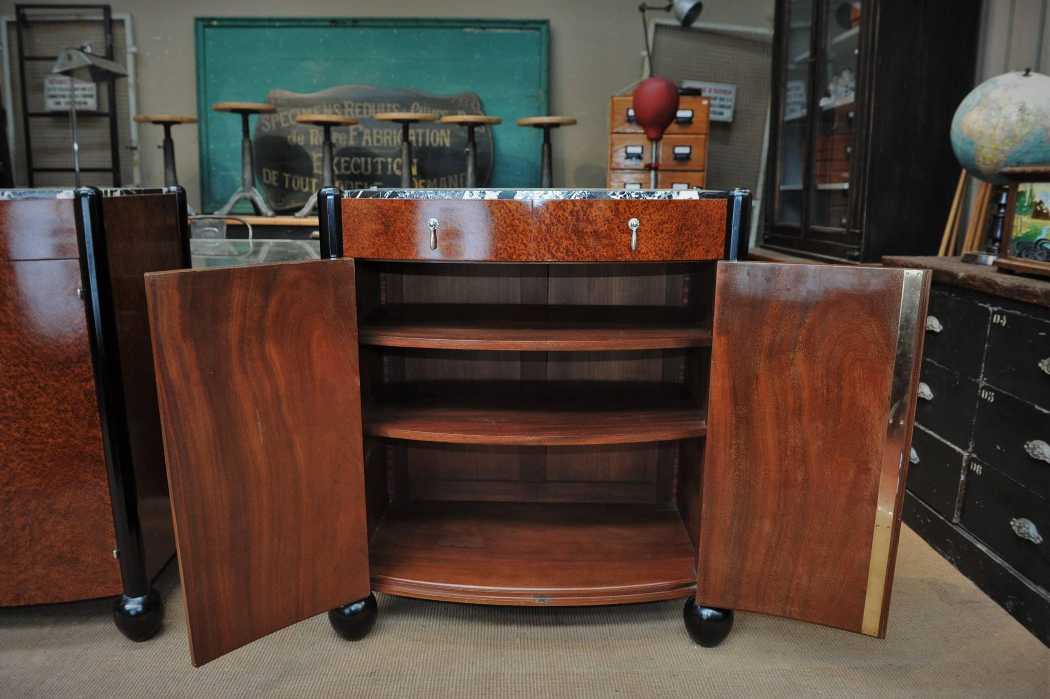 Iron Pair of Art Deco Curved Burl Wood and Marble Buffets, circa 1925