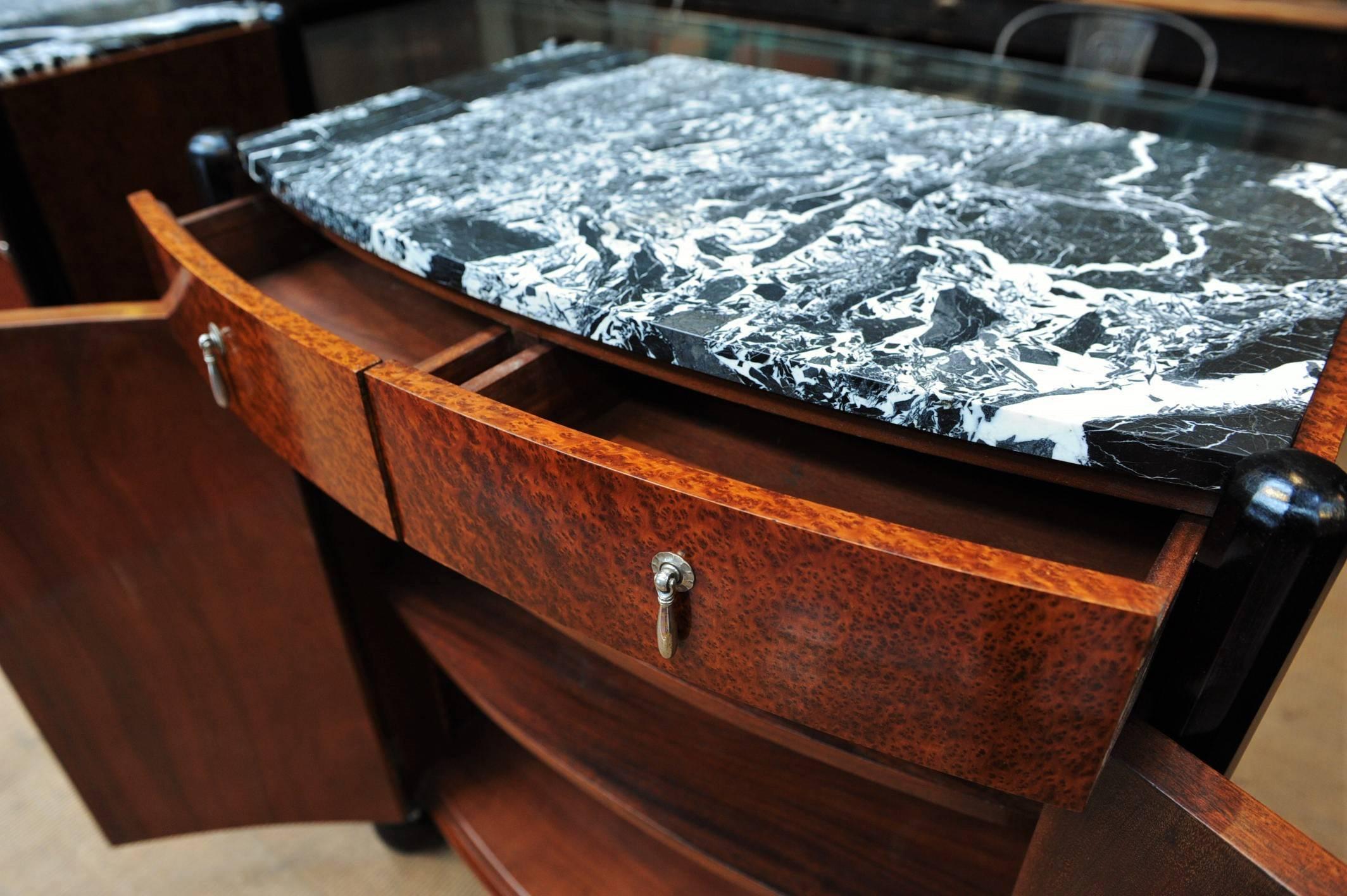 Pair of Art Deco Curved Burl Wood and Marble Buffets, circa 1925 2